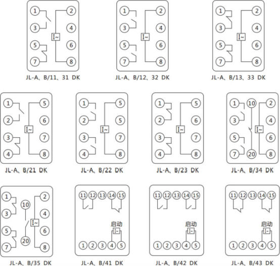 JL-A、B/41 DK無輔源電流繼電器內部接線及外引端子圖（正視圖）